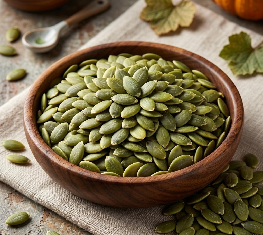 Fresh green pumpkin seeds in wooden bowl, natural snack for healthy eating