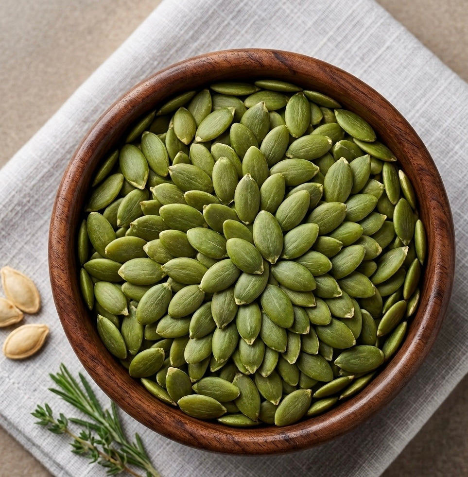 Fresh green pumpkin seeds in wooden bowl, natural snack with herbs, healthy dry fruit option