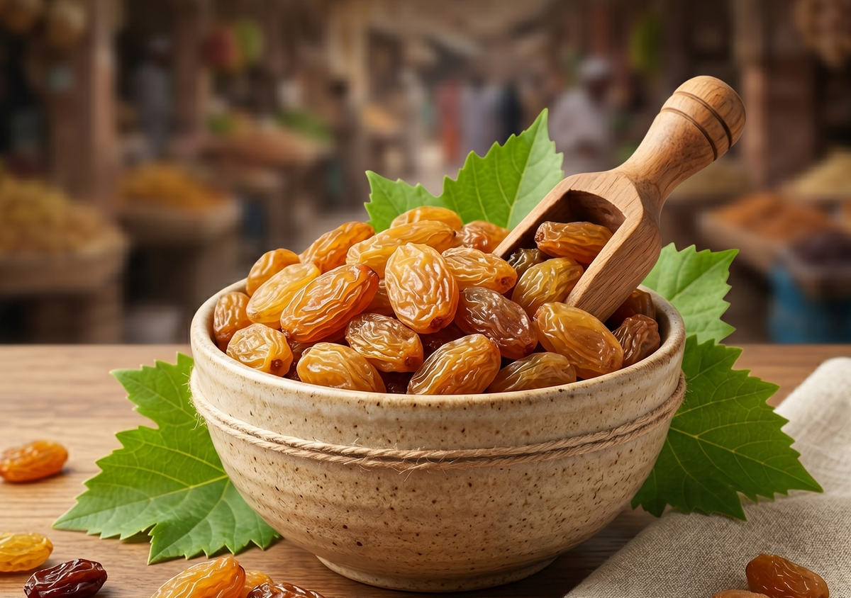 Golden raisins in rustic bowl with wooden scoop, fresh leaves, perfect for healthy snacking or baking