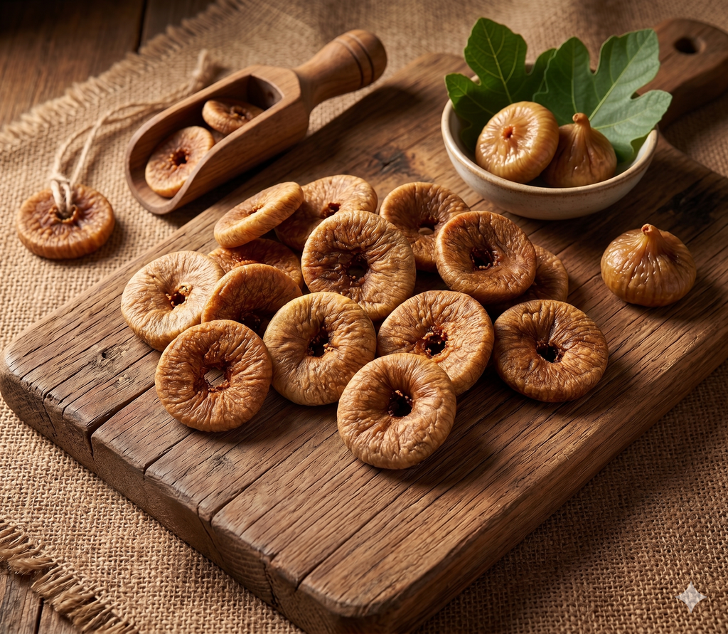 Dried figs on rustic wooden board with fresh figs and leaves, premium Kashmiri dry fruit